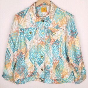 Ruby Rd Jacket 14 Blue Orange Ikat Geometric Tribal Boho Artsy Rayon Blend